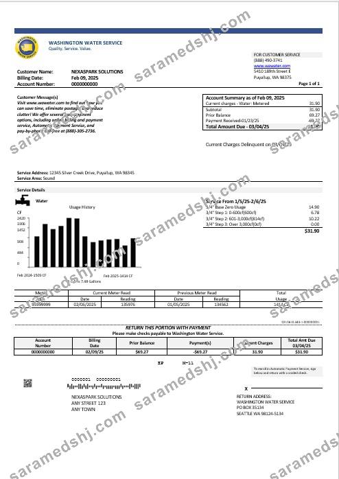 USA Washington Water Service business utility bill template in Word and PDF formats